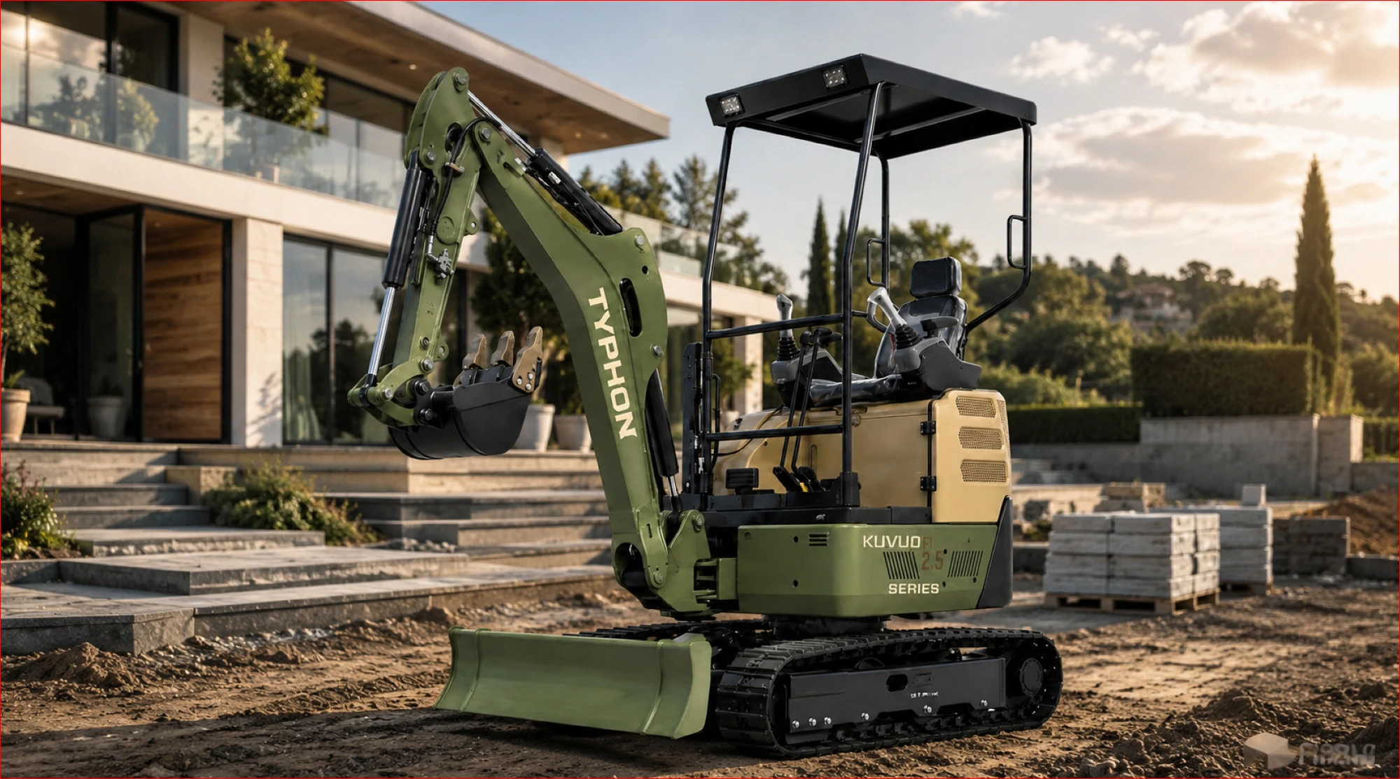 Mini excavator working beside a modern home