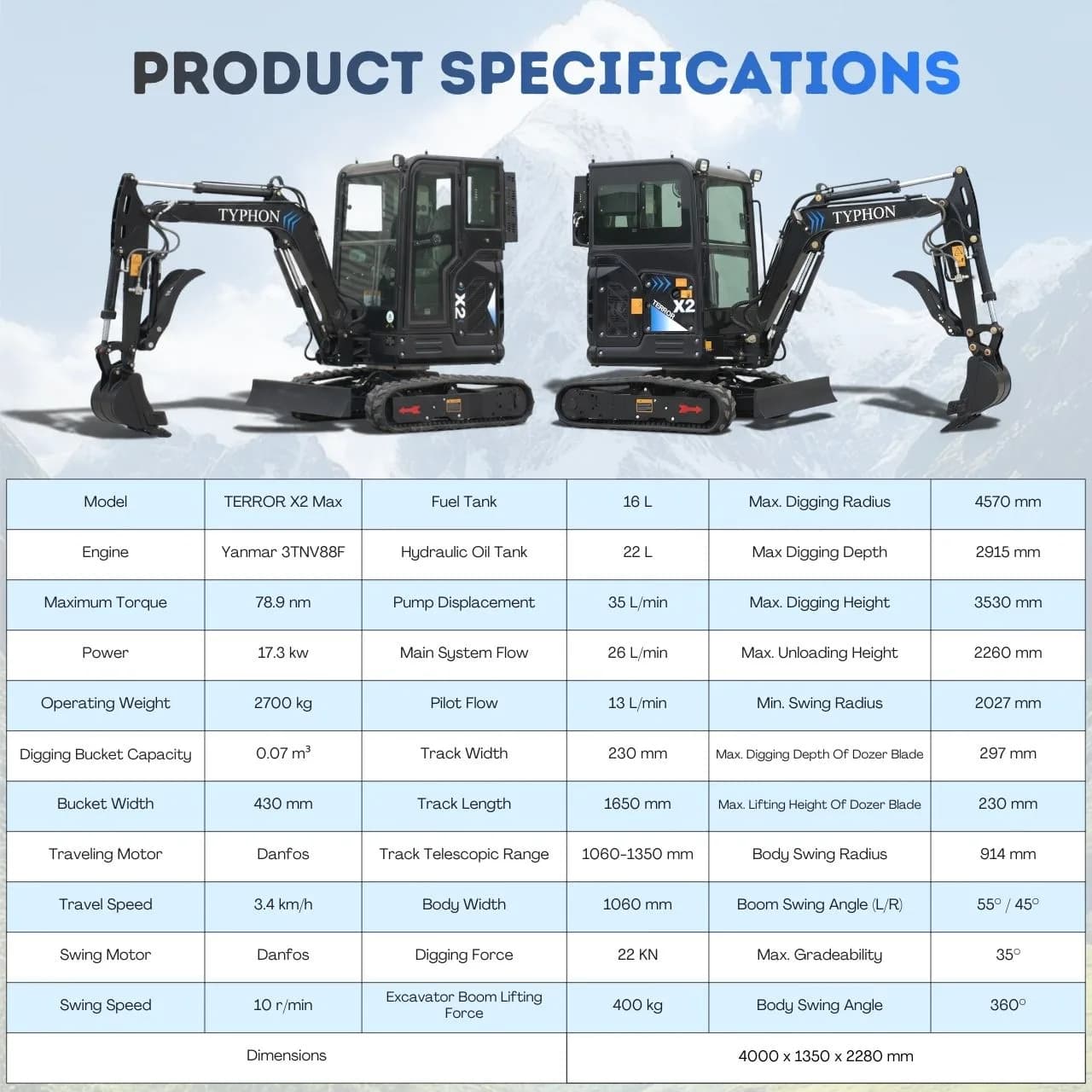 TYPHON TERROR X2 MAX 2.7-Ton Mini Excavator thumbnail 2