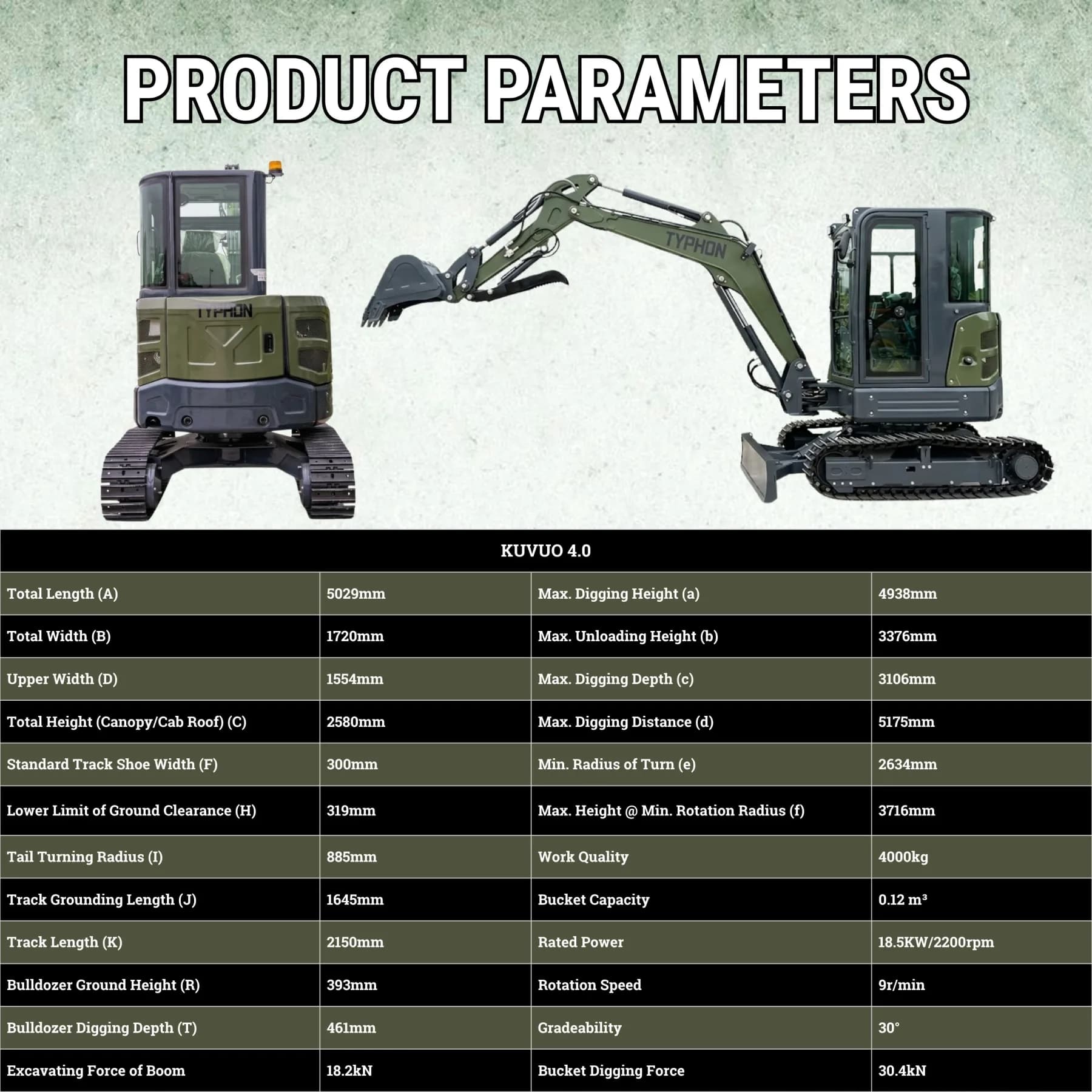 TYPHON KUVUO 4.0 four ton cabin Mini Excavator thumbnail 2