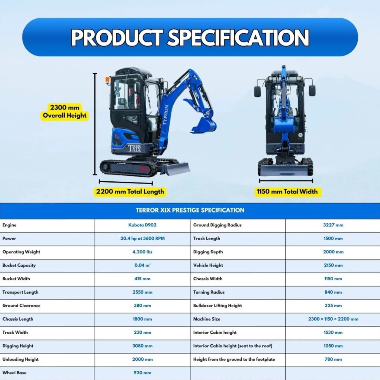 TYPHON TERROR XIX Prestige AC/Heater Cabin Mini Excavator thumbnail 2