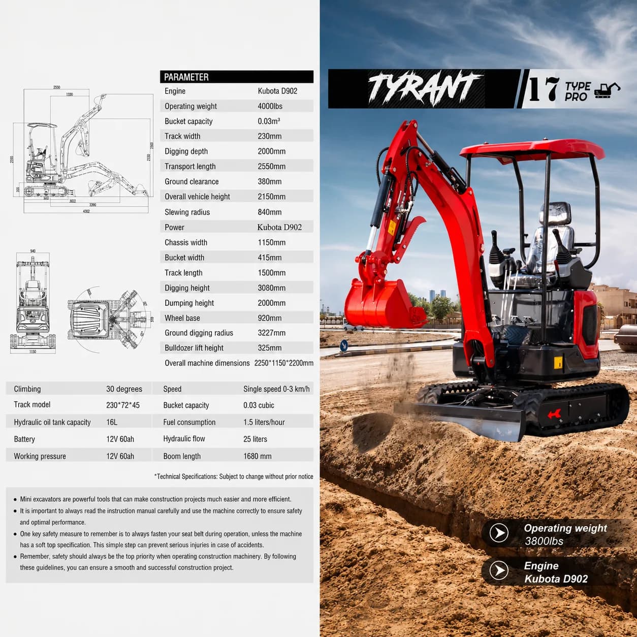 TYRANT 17 Diesel Mini Excavator thumbnail 2