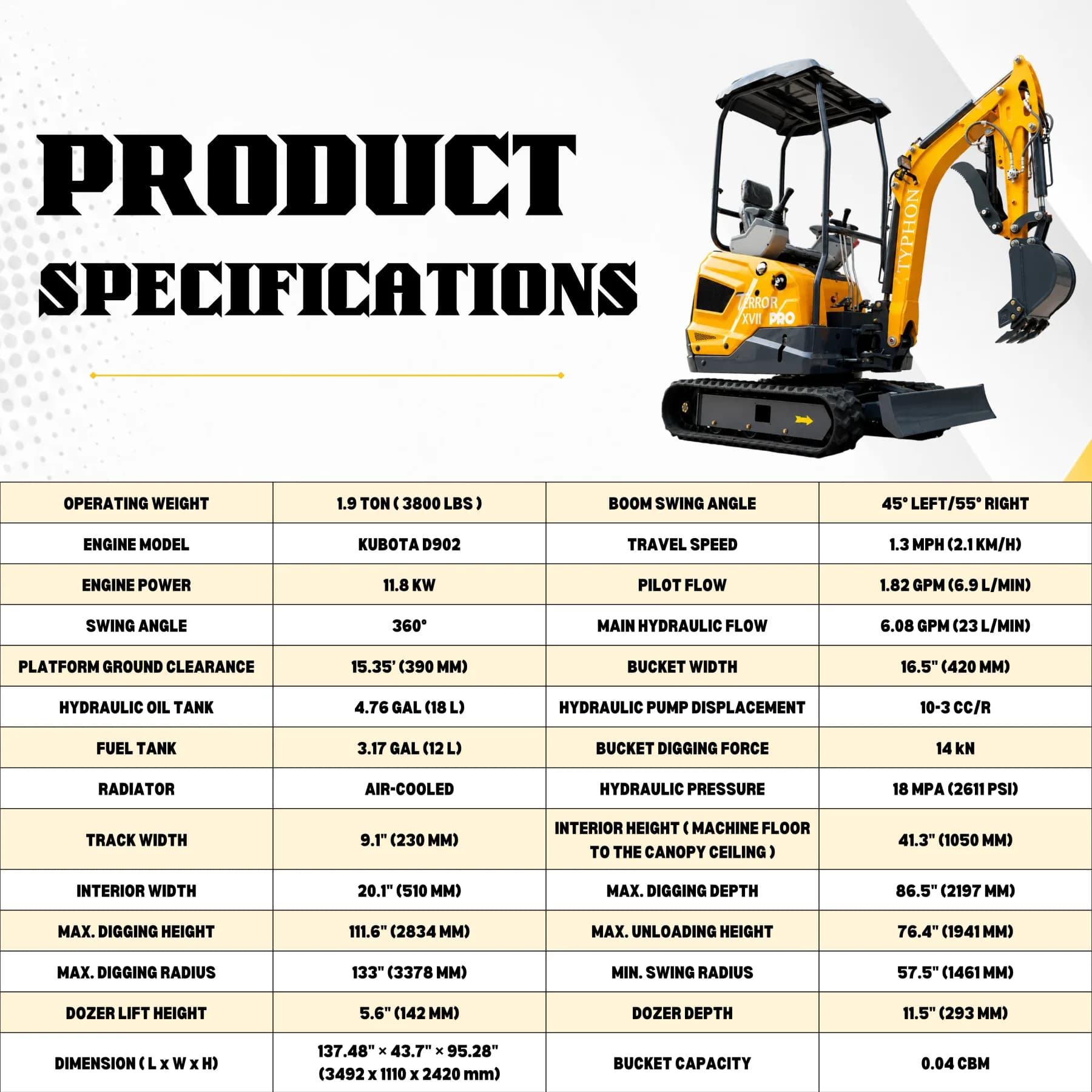 TYPHON TERROR XVII PRO Mini Excavator thumbnail 2