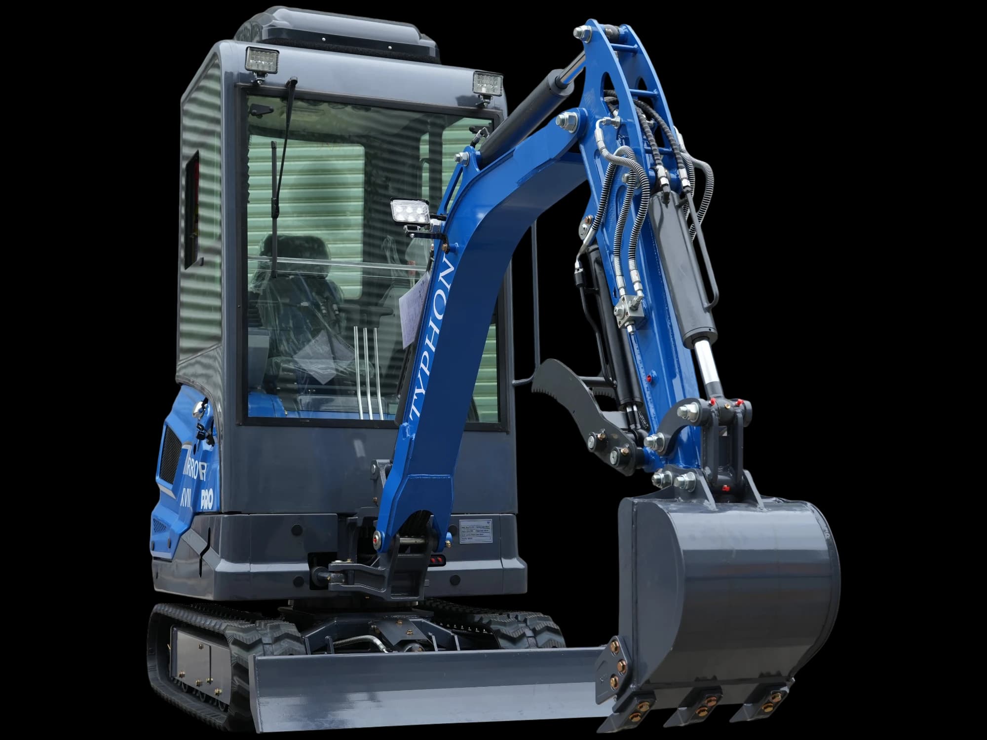 Blue TYPHON TERROR XVII PRO enclosed cabin mini excavator