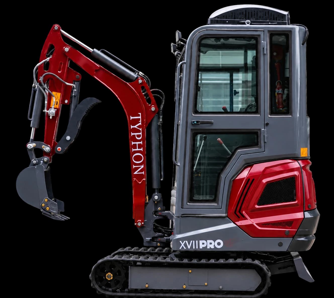 Red TYPHON TERROR XVII Pro 4,000 lb enclosed cabin mini excavator with AC and heater