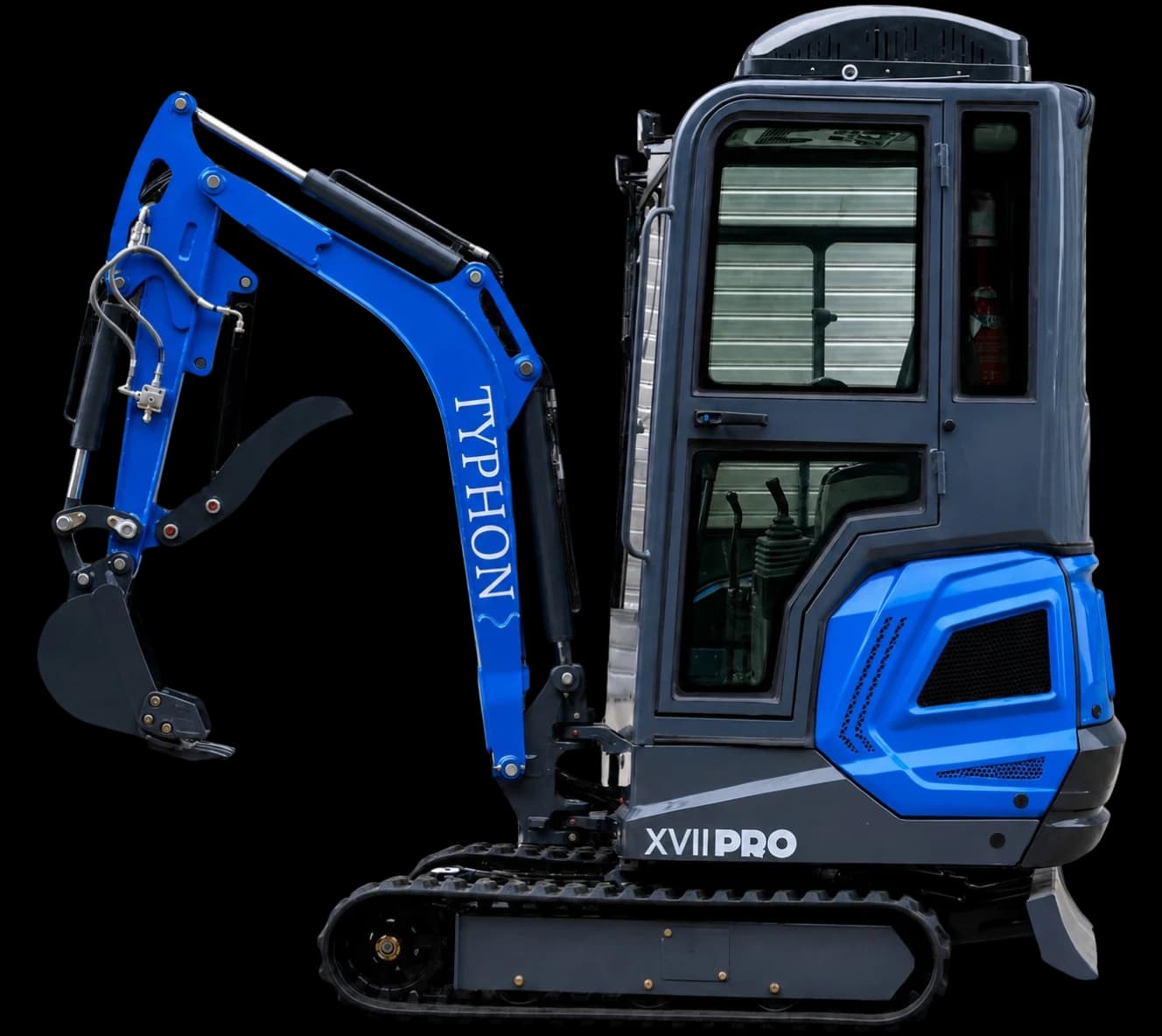 Blue TYPHON TERROR XVII Pro 4,000 lb enclosed cabin mini excavator with AC and heater