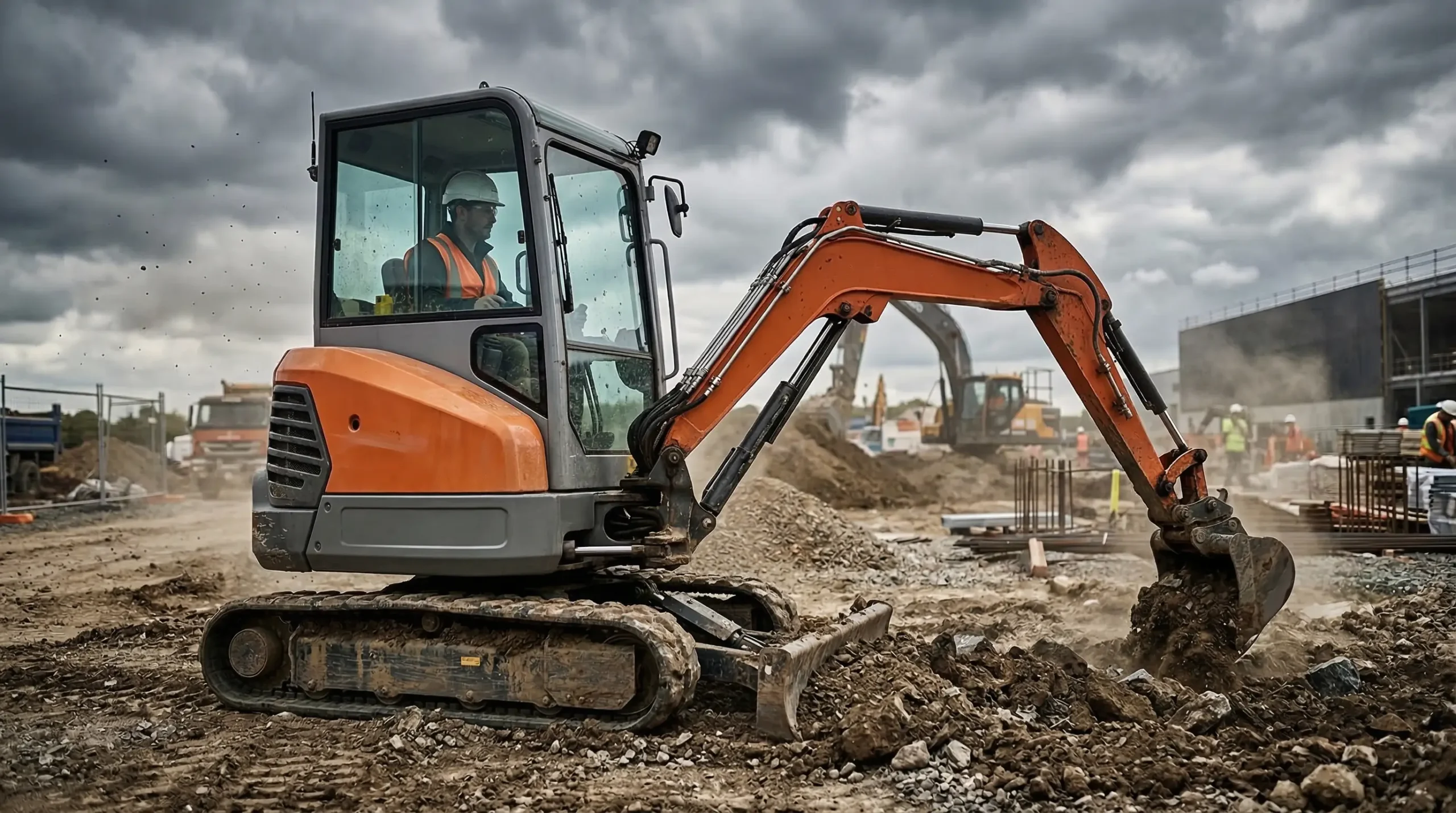 Mini excavator cabin on construction site